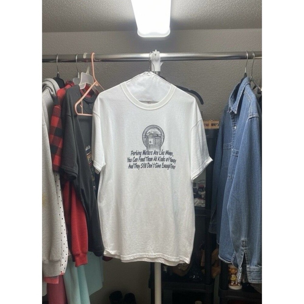 Hanes Sz L Funny Parking Meter Graphic T Shirt White 100% Cotton Humor T-shirt - Picture 2 of 9